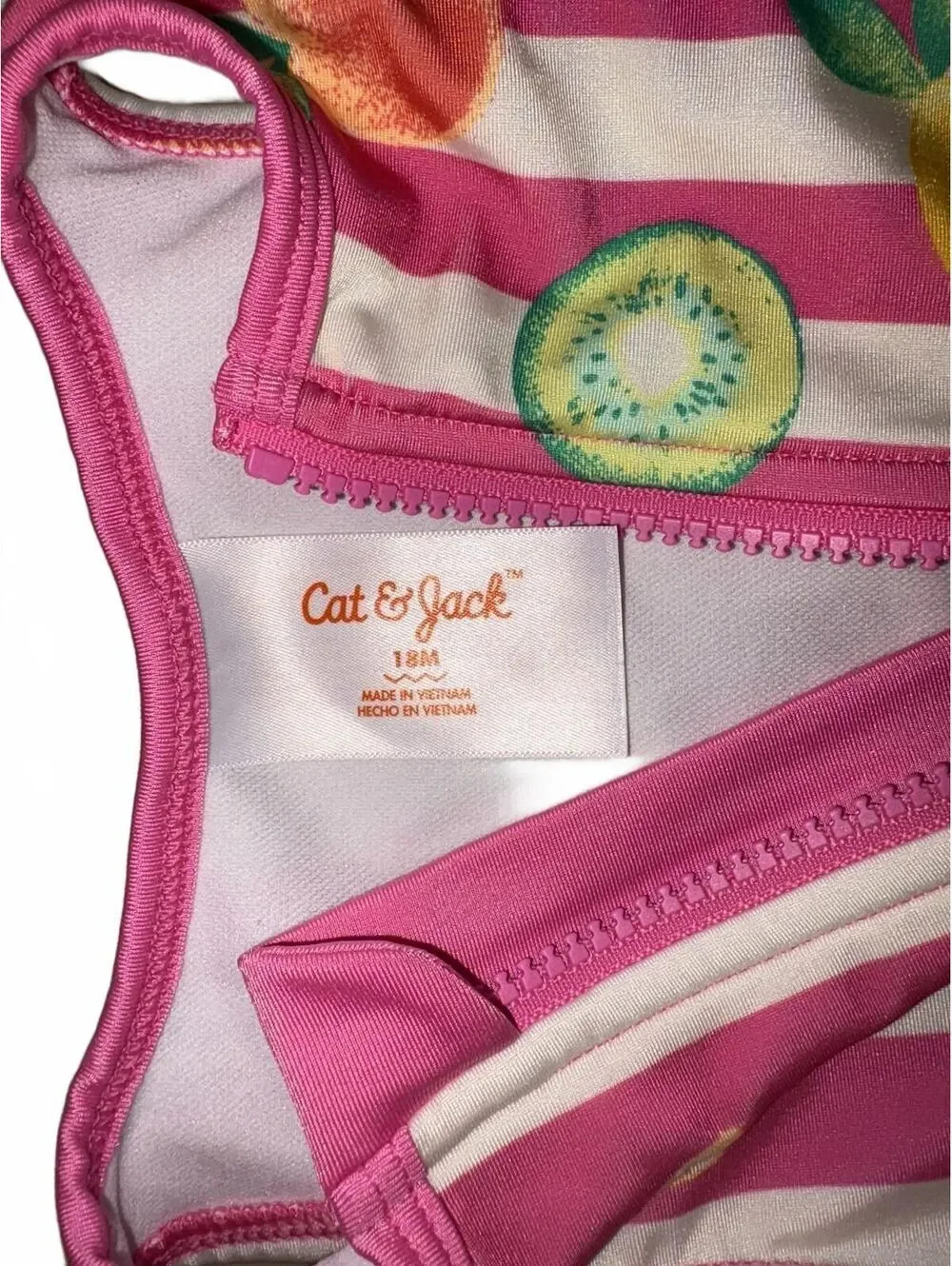 NWOT : Cat & Jack Baby 18M Pink and White Striped Fruit Print One Piece Swimsuit